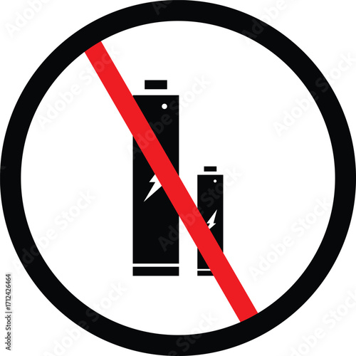 A clear prohibition symbol with a red diagonal line across two black battery icons indicating no batteries allowed or a ban on battery usage