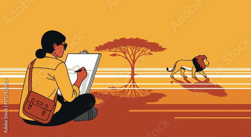 Artist Painting Lion And Savannah Nature Scene With Golden Hour Vibe Illustration