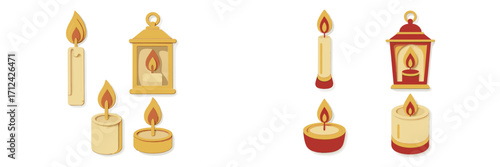 Stylized burning candles and decorative lanterns in a paper cut style for festive celebrations and events