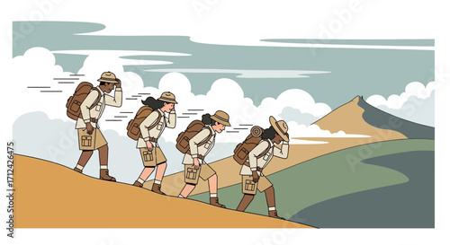 Adventurous Explorers Hiking Upward, Facing Tough Challenges In Rugged Terrain