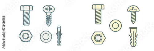 Various types of fasteners including screws, bolts, nuts, and anchors displayed on a plain background