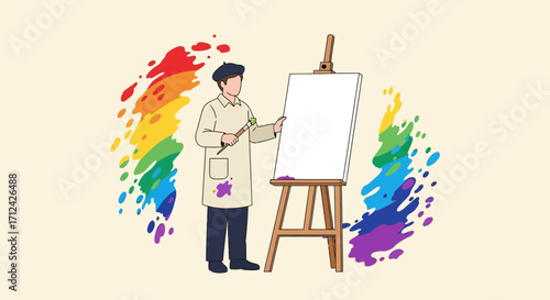 Artist Painting Colorful Splashes on Canvas, Artistic Creation and Imagination Illustrated