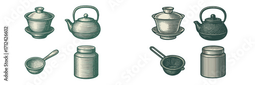 Various tea utensils illustrated in vintage style, showcasing kettles, teacups, and strainers arranged neatly