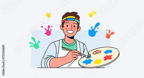Artist Painting With Palette And Brush While Smiling Joyfully In The Studio