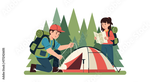 Adventurous Friends Prepare Tent Outdoors Enjoying Map Forest, Seeking Adventure Together