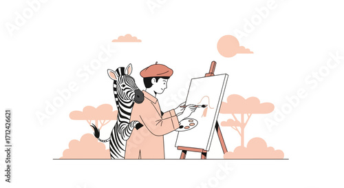 Artist Painting Zebra In Savannah With Pink Aesthetic Style Art Illustration