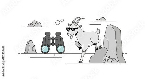 Adventurous Goat Wearing Sunglasses, Looking Through Binoculars, On A Rocky Hillside
