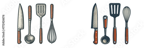Kitchen utensils collection featuring knives, spatula, whisk, ladle, and scoop in vintage style illustration