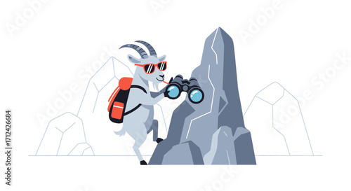 Adventurous Goat With Sunglasses Looks Through Binoculars While Climbing A Mountain