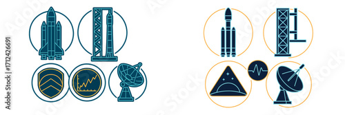 Illustrations of space technology components and equipment related to rockets and satellites in a modern design