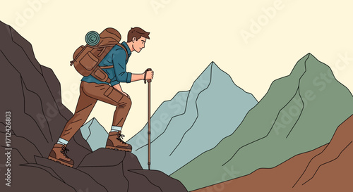 Adventurous Hiker Ascending Rocky Terrain Towards Majestic Peaks, Seeking Achievement