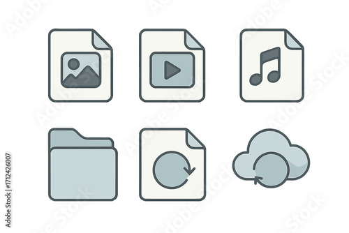 Collection of digital file icons representing various media types and folders for easy organization and access