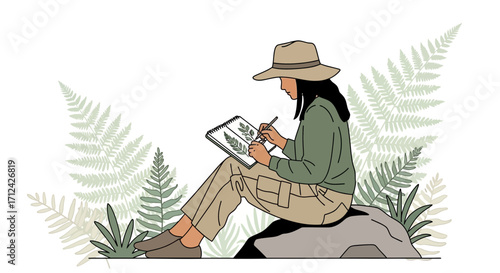 Artist Sketching Nature's Flora In A Natural Setting With Detailed Illustrations
