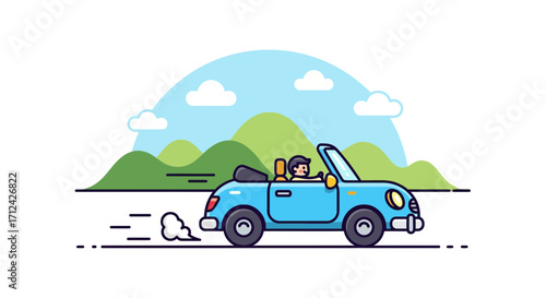 Blue convertible car driving on a scenic road with rolling hills and clouds in the background, illustration