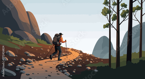 Adventurous Hiker Ascends Rocky Trail Towards Majestic Mountains In Artistic Illustration