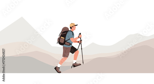 Adventurous Hiker Ascends Mountain, Reaching Peaks in Pursuit of Nature's Beauty, Climbing Upward