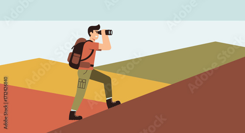 Adventurous Hiker Ascending Mountain With Binoculars, Exploring And Visualizing the Views Ahead