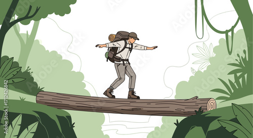 Adventurous Hiker Balancing On A Log, Trekking Through Lush Landscape Outdoors.