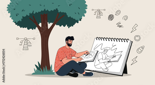 Artist Sketching Outdoors Under A Tree With Artistic Icons And Drawing Examples