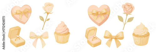 Decorative elements featuring cupcakes, roses, and gift boxes for a celebration or special occasion in soft pastel colors