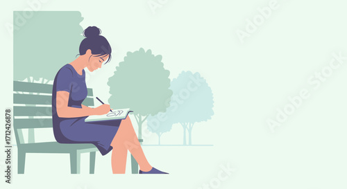 Artist Sketching Outdoors, Woman Drawing in Park, Creative Illustration, Peaceful Moment