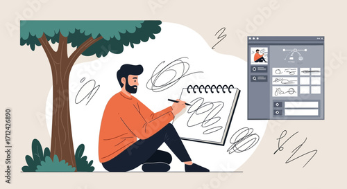 Artist Sketching Outdoors While Using Digital Design Software, Creativity Process