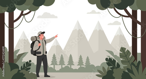Adventurous Hiker Directing Towards Majestic Peaks Amidst Lush Greenery
