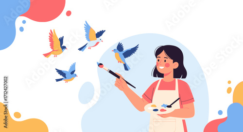 Artistic Creation: A Woman Painting Exquisite Birds in Harmonious Colors to Life