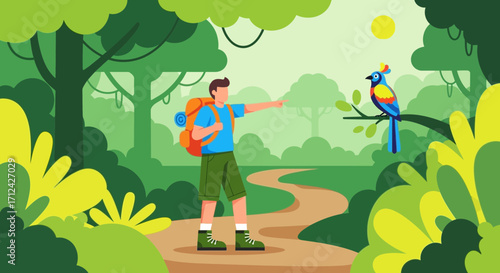 Adventurous Hiker Exploring Exotic Forest Witnessing A Beautiful, Colorful Tropical Bird