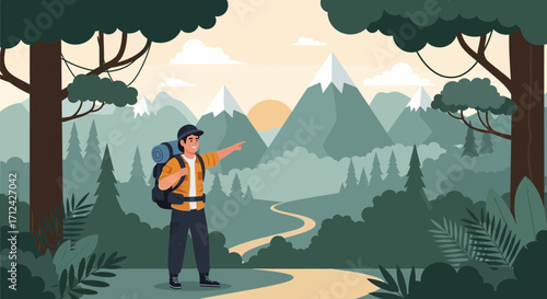 Adventurous Hiker Exploring Lush Wilderness and Majestic Mountains on Journey of Discovery