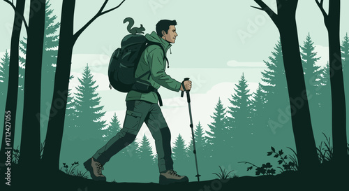Adventurous Hiker Exploring Forest With Backpack And Squirrel In Green Tones Illustration