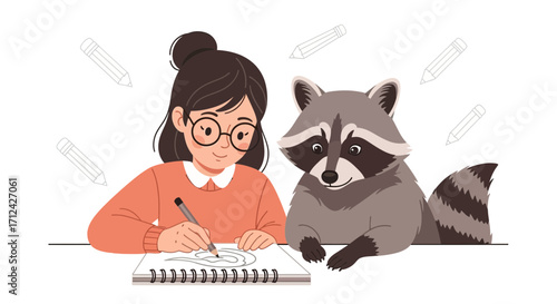 Artistic Collaboration: Girl And Raccoon Enjoying Creative Writing And Sketching Together