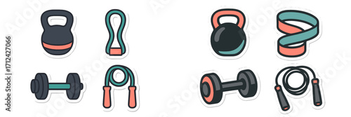 Essential fitness items for physical activity and athletic performance including kettlebells dumbbells jump ropes and resistance bands