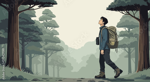 Adventurous Hiker Exploring Remote Woodland Trails Under Serene Morning Skies