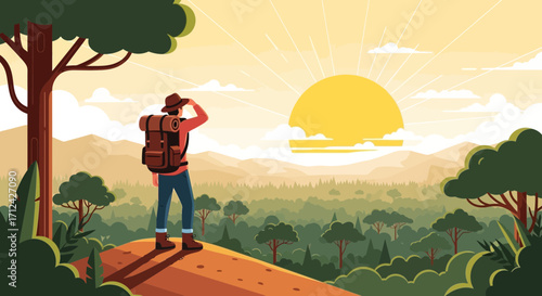 Adventurous Hiker Gazing At A Majestic Sunrise View In Vast Natural Landscape