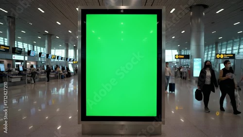 Green Screen Digital Billboard Mockup in Modern Airport Terminal for Advertising, Information, and Branding Display