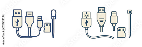 Different types of USB cables alongside memory cards and a tool for cleaning