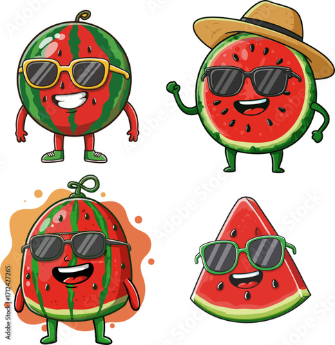 A fun collection of anthropomorphic watermelon characters in sunglasses, celebrating the fresh and joyful spirit of summer vacation