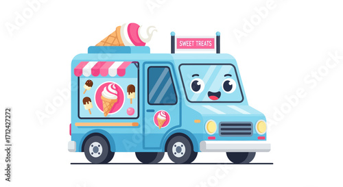 Cute cartoon ice cream truck with waffle cone and frozen dessert illustrations, serving sweet treats on a bright sunny day