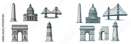Various architectural landmarks including bridges, lighthouses, and monuments in a simple illustrated style
