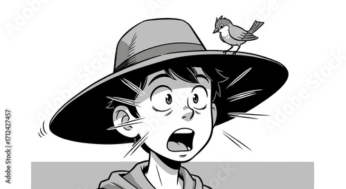 Astonished Face Under Sun Hat with Bird Illustration in Black and White
