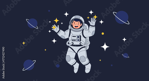 Astronaut Floating Delightfully Amidst The Cosmic Universe, Surrounding Planets