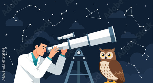 Astronomy Illustration Of A Stargazer Observing The Cosmos Through Telescope With Owl