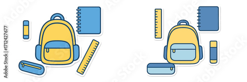 School supplies and backpack arranged neatly on a white background for educational purposes