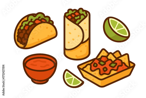 Assortment of popular Mexican food items including taco burrito nachos salsa and lime wedges
