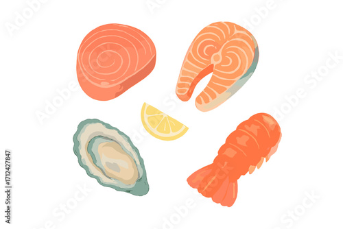 Variety of seafood including salmon, shrimp, oyster, and lemon slice on a plain background