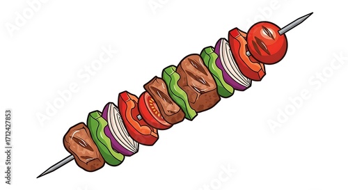 Vibrant Cartoon Kebab Skewer Illustration with Grilled Meat and Fresh Vegetables.