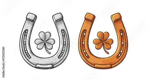 A pair of lucky horseshoes with clovers inside them both.