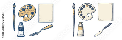Art supplies collection with paintbrushes, color palettes, paint tubes, and palette knives for creative work