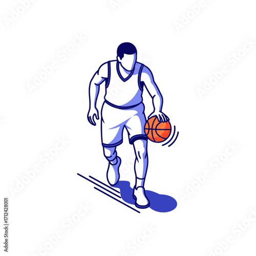 A basketball player dribbling a ball, depicted in a stylized illustration.